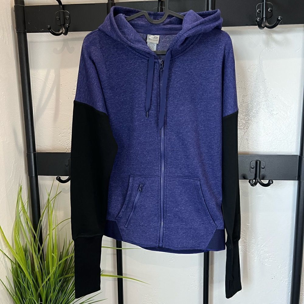 Champion zip up hoodie, purple, black, size small
